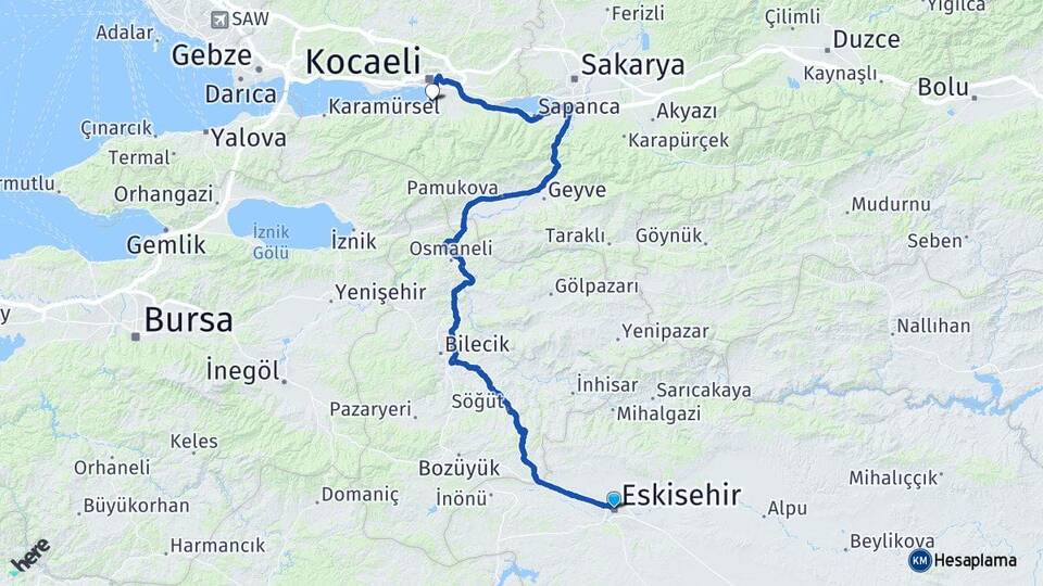 Eskişehir Başiskele Kocaeli Arası Kaç Km - Yol Haritası