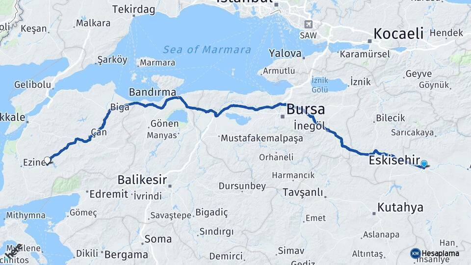 Eskişehir Bayramiç Çanakkale Arası Kaç Km - Yol Haritası