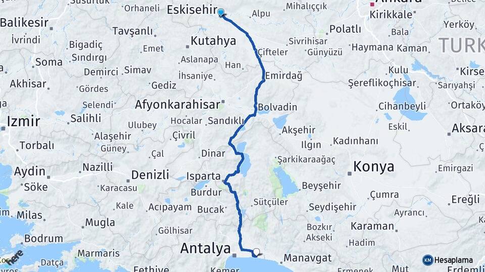 Eskişehir Belek Serik Antalya Arası Kaç Km - Yol Haritası