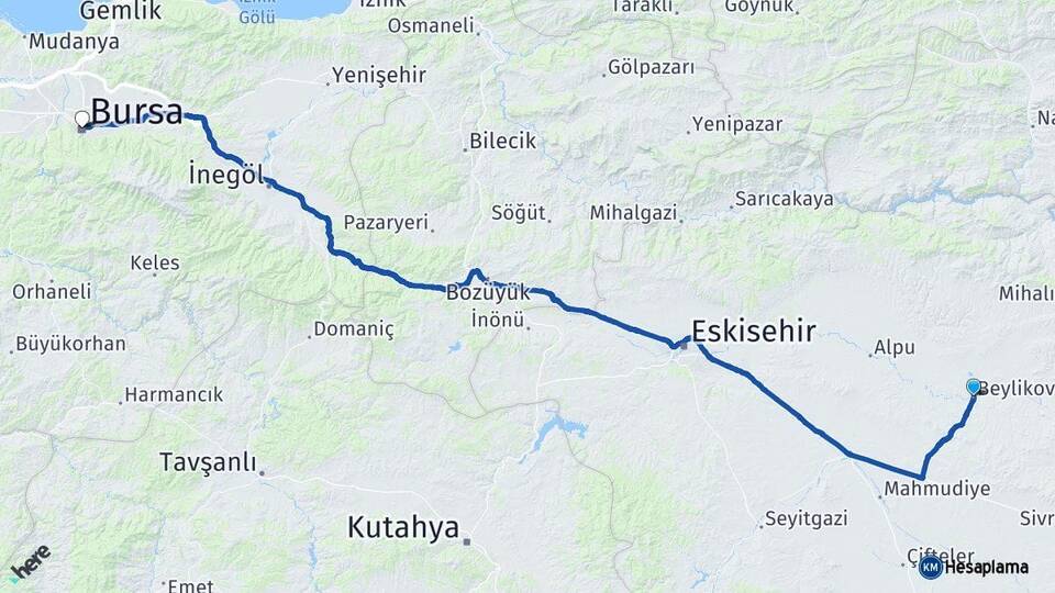 Eskişehir Beylikova Bursa Arası Kaç Km - Yol Haritası