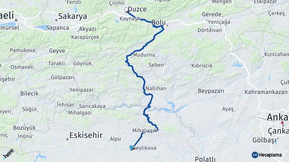 Eskişehir Beylikova Düzce Arası Kaç Km - Yol Haritası