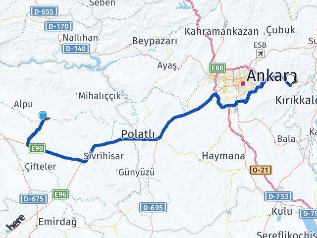 Eskişehir Beylikova Elmadağ Ankara Arası Kaç Km - Yol Haritası