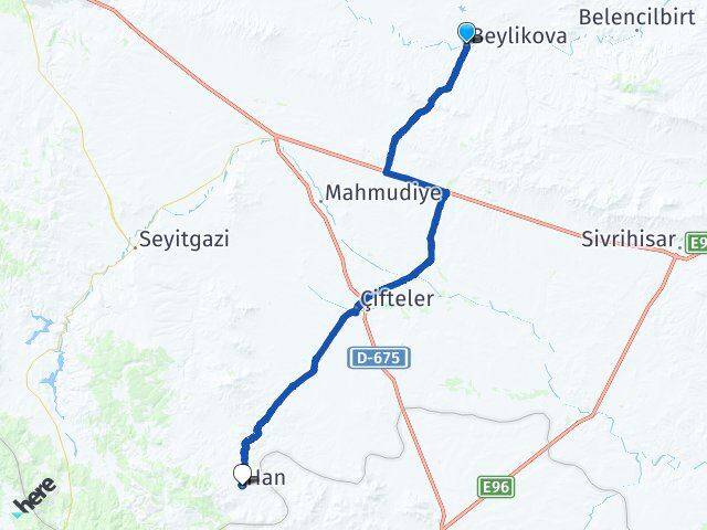 Eskişehir Beylikova Han Arası Kaç Km - Yol Haritası
