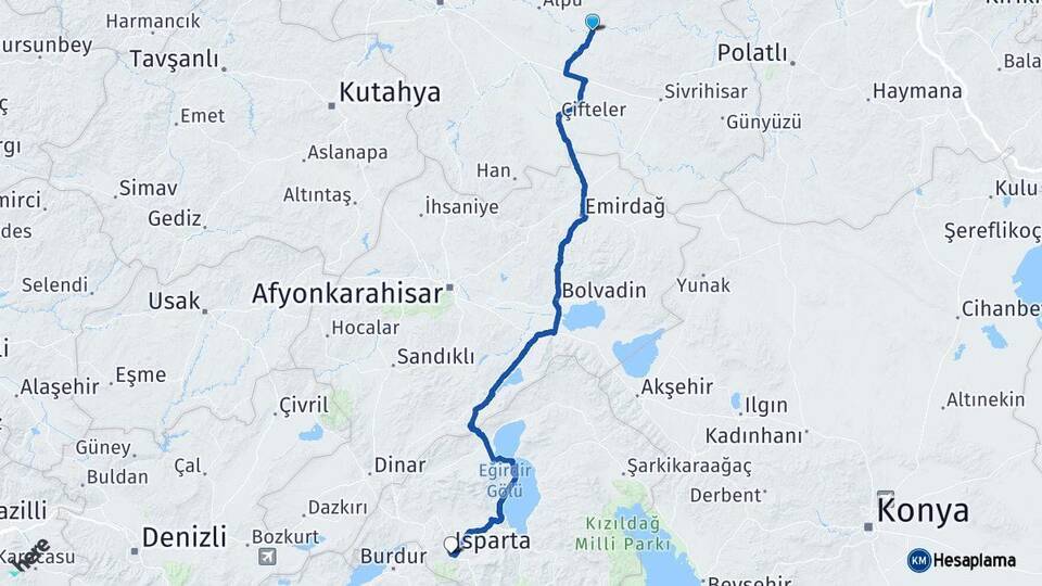 Eskişehir Beylikova Isparta Arası Kaç Km - Yol Haritası
