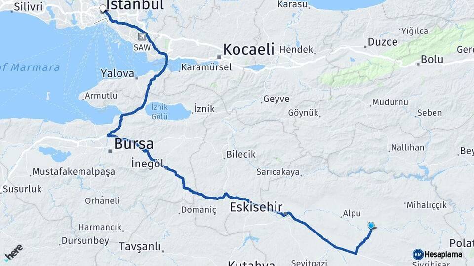 Eskişehir Beylikova İstanbul Arası Kaç Km - Yol Haritası