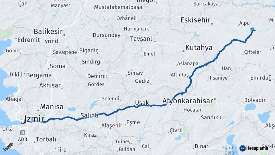 Eskişehir Beylikova İzmir Arası Kaç Km - Yol Haritası