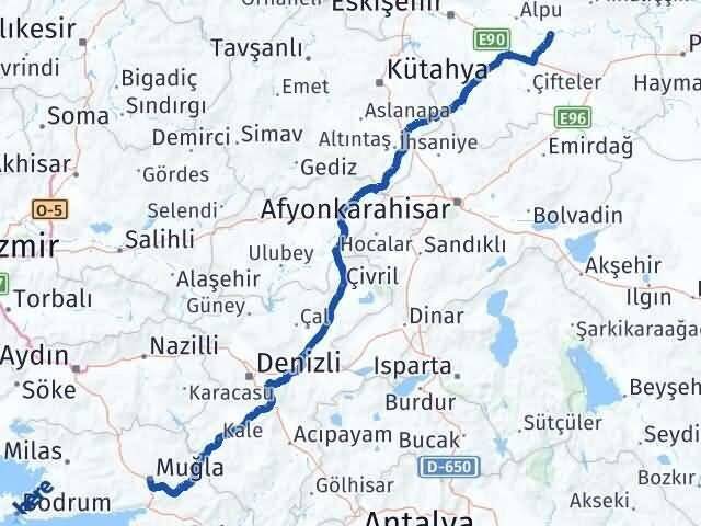 Eskişehir Beylikova Muğla Arası Kaç Km - Yol Haritası