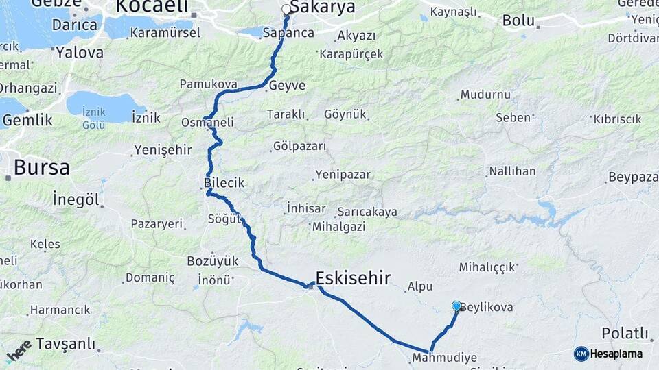 Eskişehir Beylikova Sakarya Arası Kaç Km - Yol Haritası