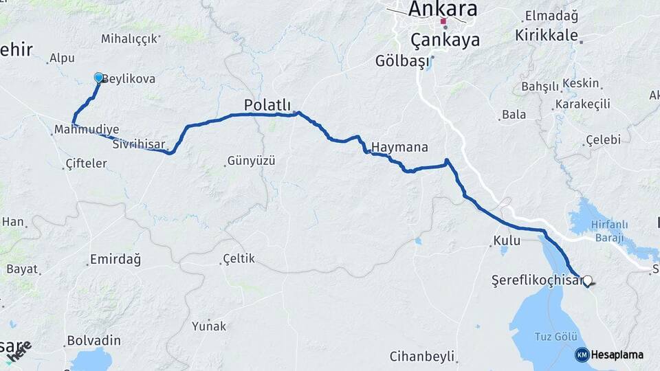 Eskişehir Beylikova Şereflikoçhisar Ankara Arası Kaç Km - Yol Haritası
