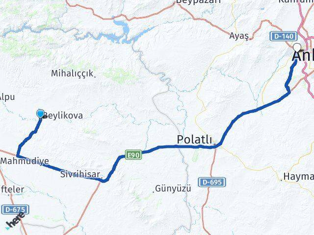 Eskişehir Beylikova Sincan Ankara Arası Kaç Km - Yol Haritası
