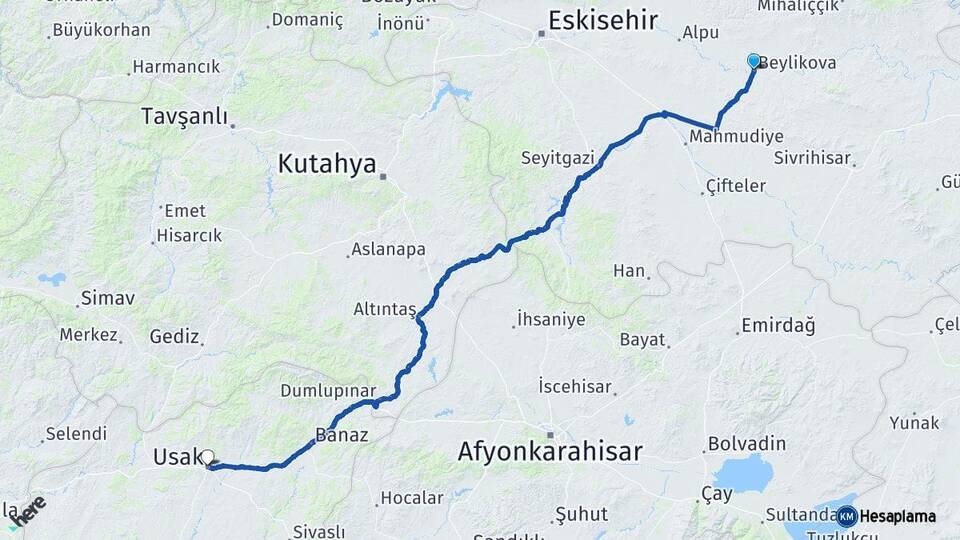 Eskişehir Beylikova Uşak Arası Kaç Km - Yol Haritası