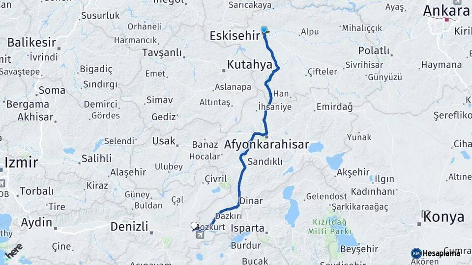 Eskişehir Bozkurt Denizli Arası Kaç Km - Yol Haritası