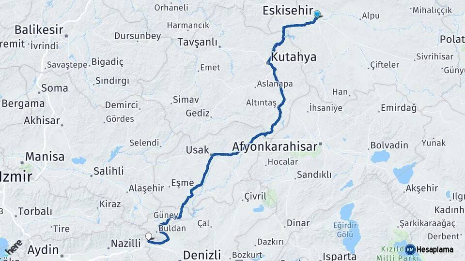 Eskişehir Buharkent Aydın Arası Kaç Km - Yol Haritası
