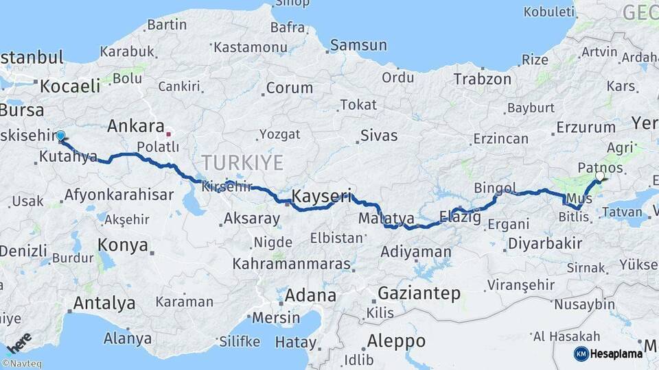 Eskişehir Bulanık Muş Arası Kaç Km - Yol Haritası