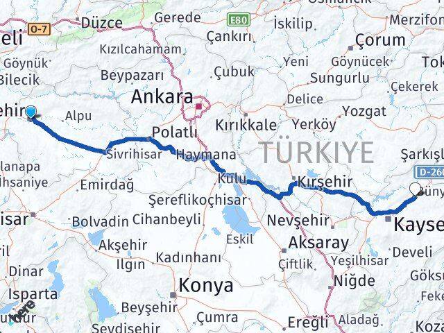 Eskişehir Bünyan Kayseri Arası Kaç Km - Yol Haritası