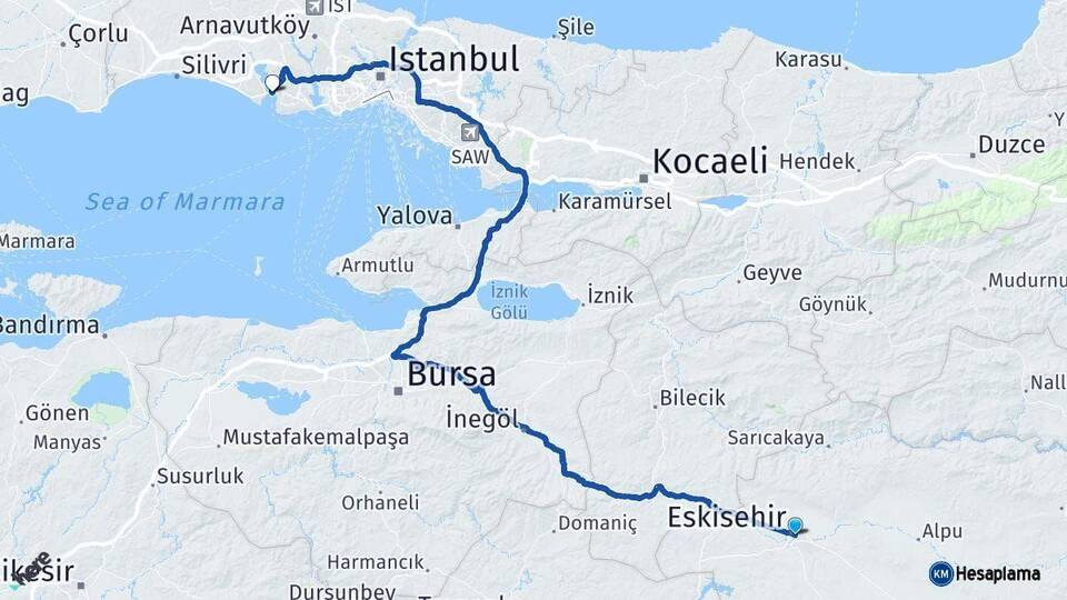 Eskişehir Büyükçekmece İstanbul Arası Kaç Km - Yol Haritası