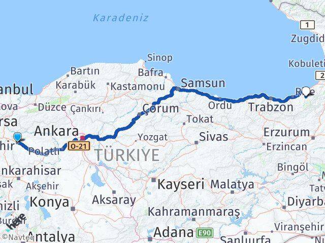 Eskişehir Çamlıhemşin Rize Arası Kaç Km - Yol Haritası