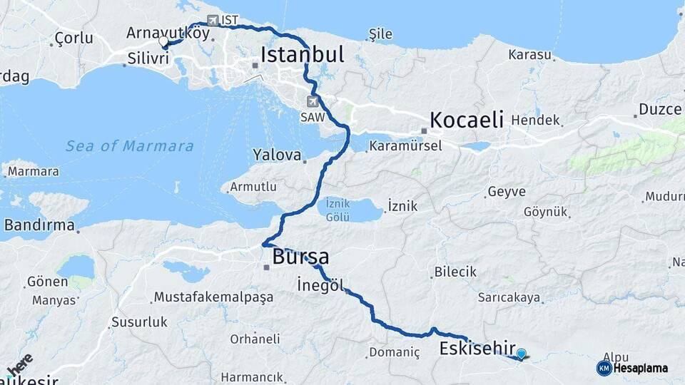 Eskişehir Çatalca İstanbul Arası Kaç Km - Yol Haritası