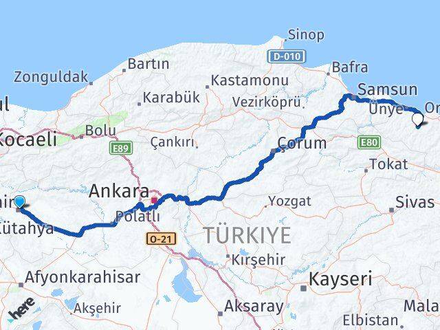 Eskişehir Çatalpınar Ordu Arası Kaç Km - Yol Haritası