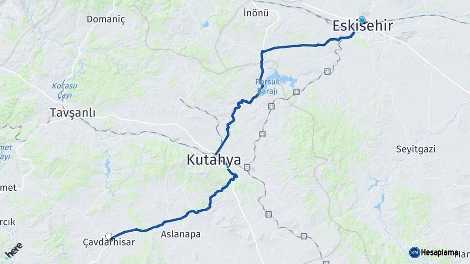 Eskişehir Çavdarhisar Kütahya Arası Kaç Km - Yol Haritası