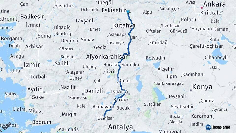 Eskişehir Çavdır Burdur Arası Kaç Km - Yol Haritası