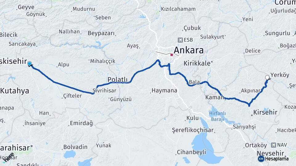 Eskişehir Çiçekdağı Kırşehir Arası Kaç Km - Yol Haritası