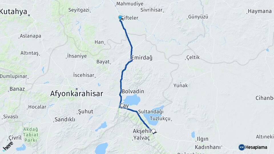 Eskişehir Çifteler Akşehir Konya Arası Kaç Km - Yol Haritası