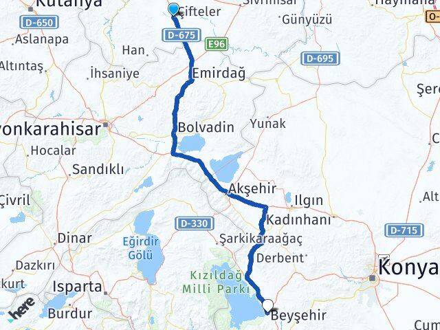 Eskişehir Çifteler Beyşehir Konya Arası Kaç Km - Yol Haritası