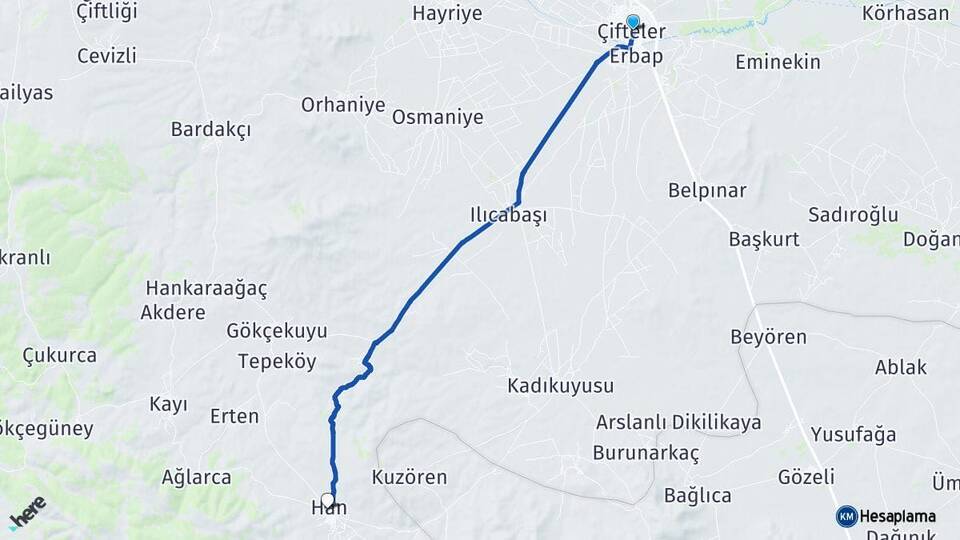 Eskişehir Çifteler Han Arası Kaç Km - Yol Haritası