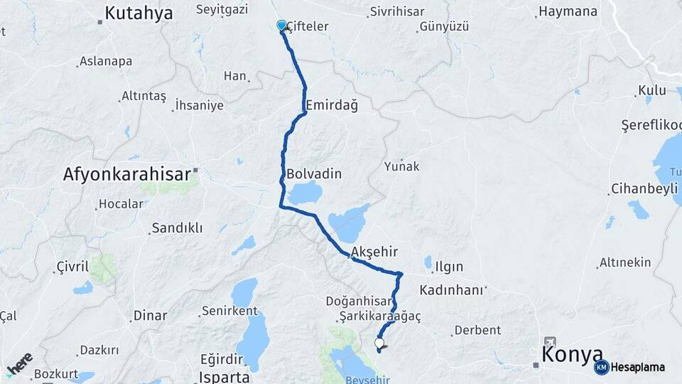 Eskişehir Çifteler Hüyük Konya Arası Kaç Km - Yol Haritası
