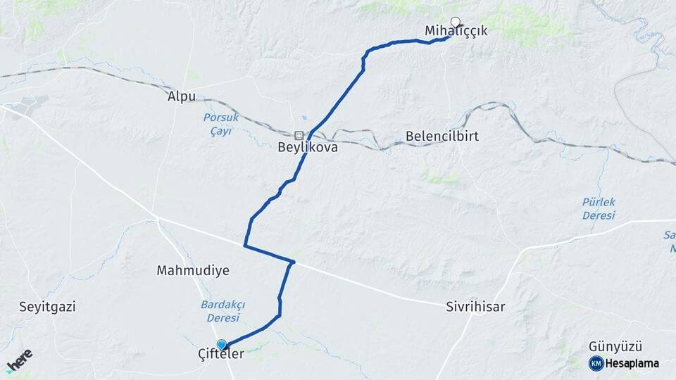 Eskişehir Çifteler Mihalıççık Arası Kaç Km - Yol Haritası