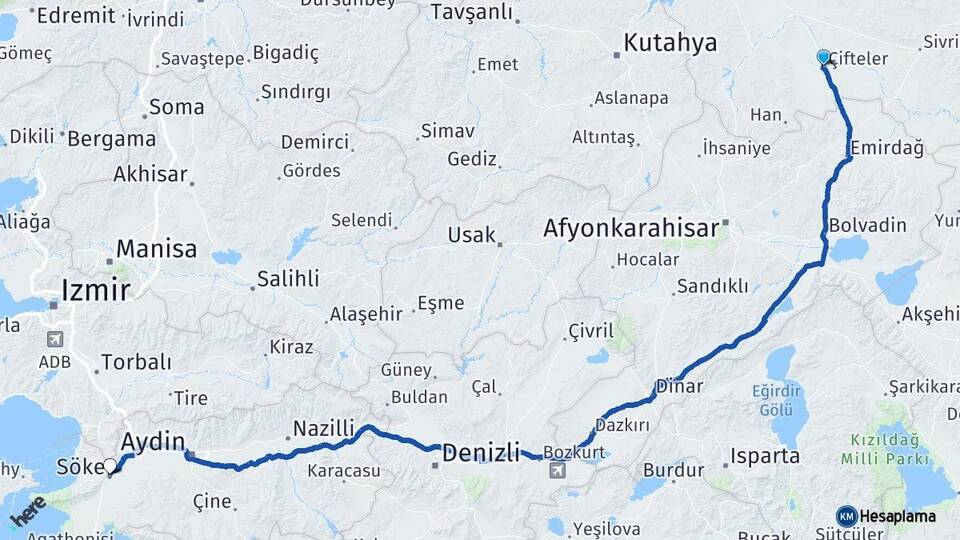 Eskişehir Çifteler Söke Aydın Arası Kaç Km - Yol Haritası