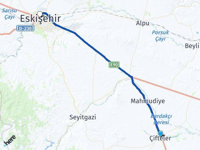 Eskişehir Çifteler Tepebaşı Arası Kaç Km - Yol Haritası