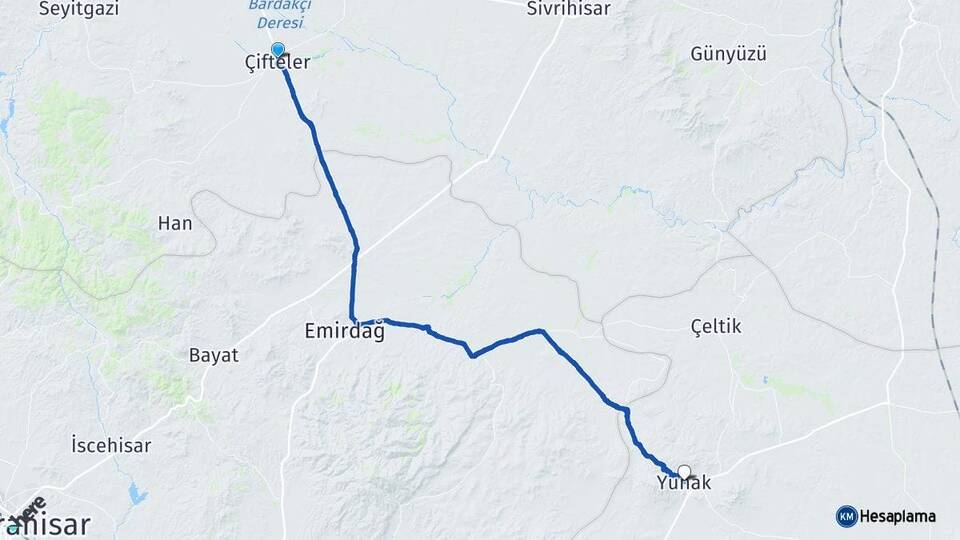 Eskişehir Çifteler Yunak Konya Arası Kaç Km - Yol Haritası