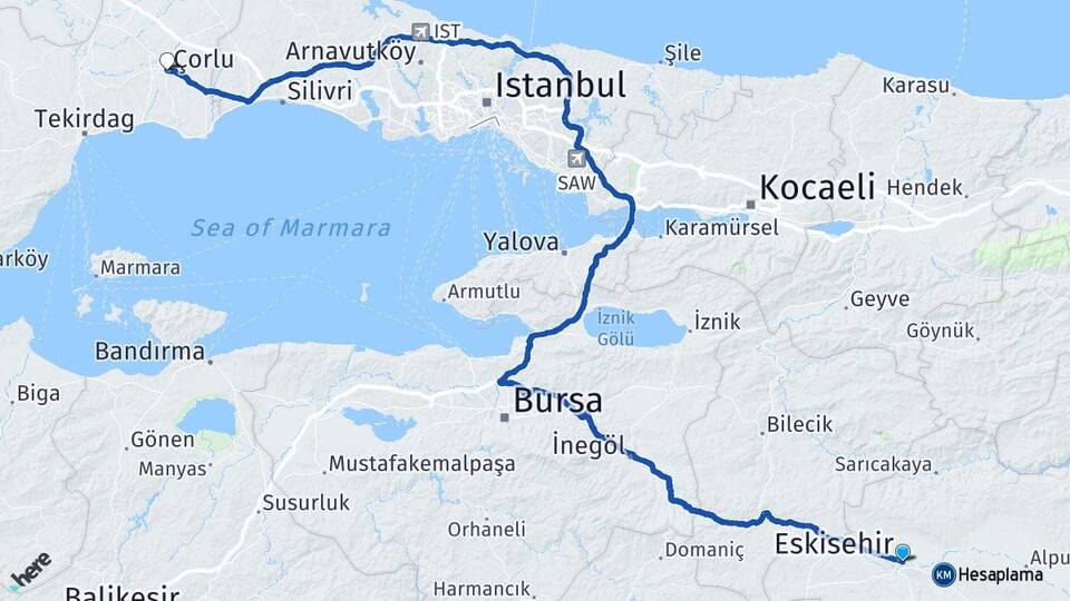 Eskişehir Çorlu Tekirdağ Arası Kaç Km - Yol Haritası
