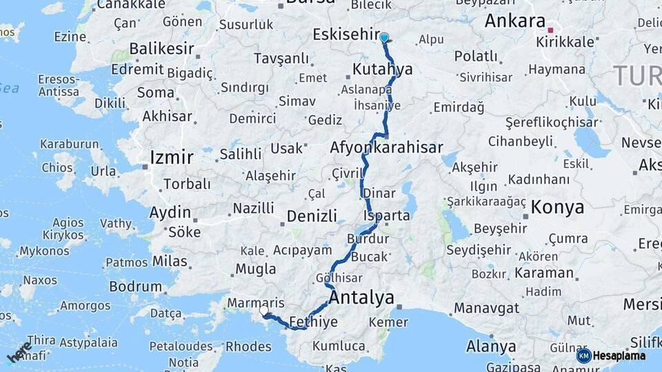 Eskişehir Dalaman Muğla Arası Kaç Km - Yol Haritası