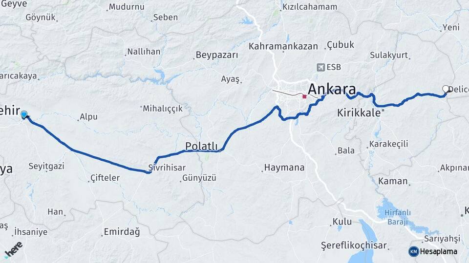 Eskişehir Delice Kırıkkale Arası Kaç Km - Yol Haritası