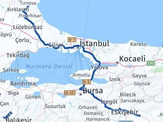 Eskişehir Demirköy Kırklareli Arası Kaç Km - Yol Haritası