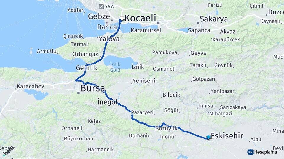 Eskişehir Dilovası Kocaeli Arası Kaç Km - Yol Haritası