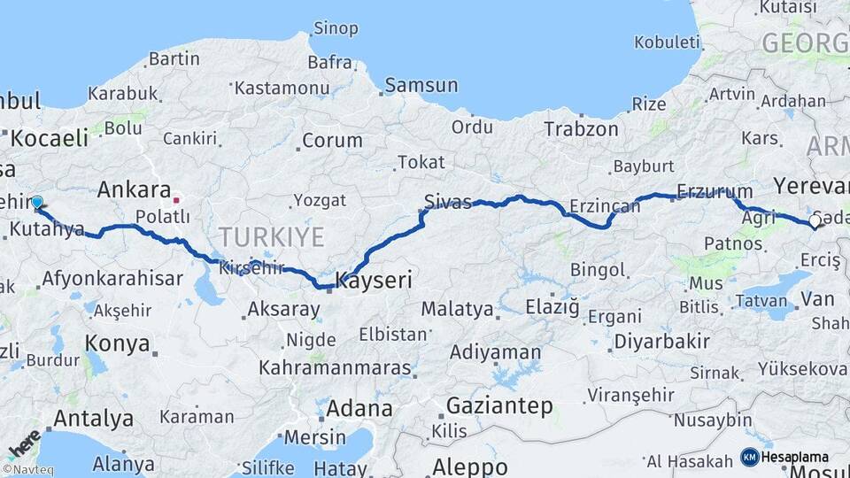 Eskişehir Diyadin Ağrı Arası Kaç Km - Yol Haritası