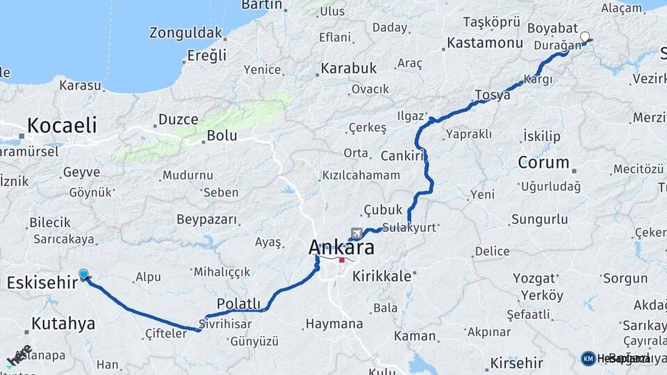 Eskişehir Durağan Sinop Arası Kaç Km - Yol Haritası