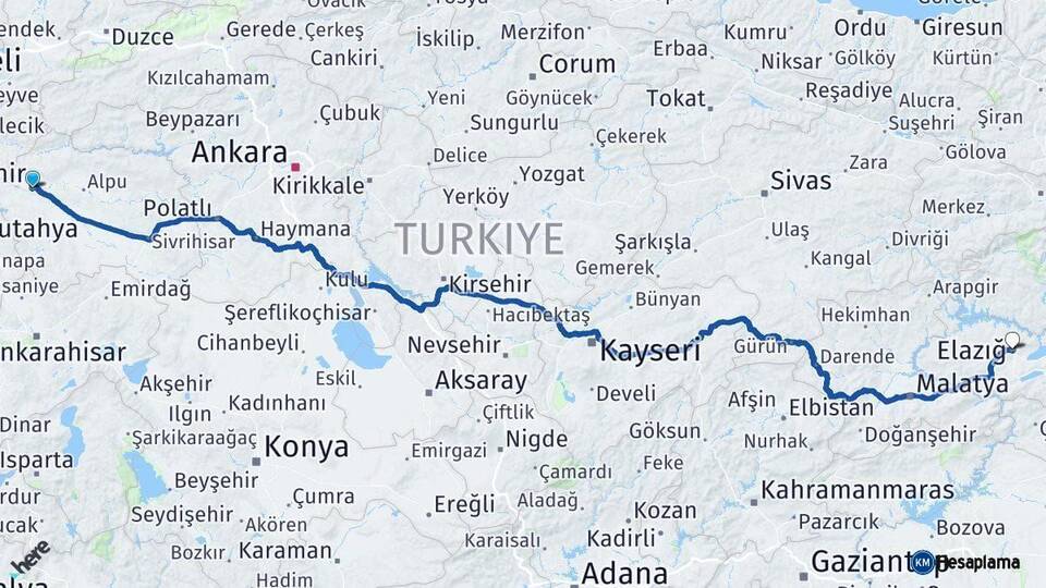 Eskişehir Elazığ Arası Kaç Km - Yol Haritası