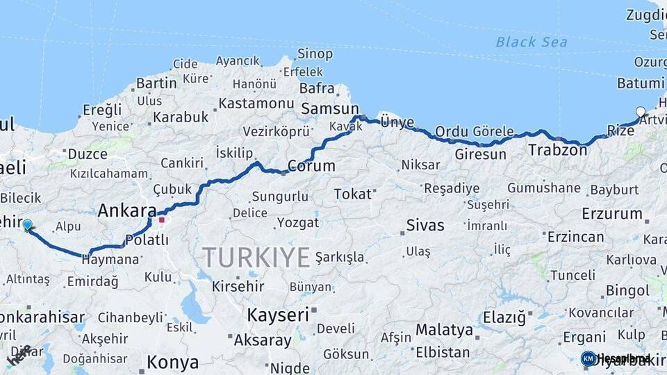 Eskişehir Fındıklı Rize Arası Kaç Km - Yol Haritası
