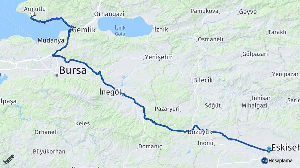 Eskişehir Fıstıklı Armutlu Yalova Arası Kaç Km - Yol Haritası