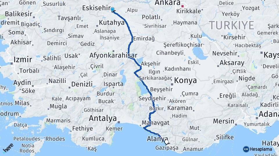 Eskişehir Gazipaşa Antalya Arası Kaç Km - Yol Haritası
