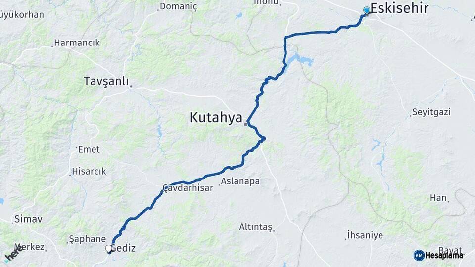 Eskişehir Gediz Kütahya Arası Kaç Km - Yol Haritası