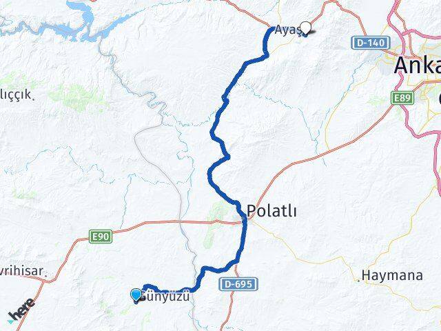 Eskişehir Günyüzü Ayaş Ankara Arası Kaç Km - Yol Haritası