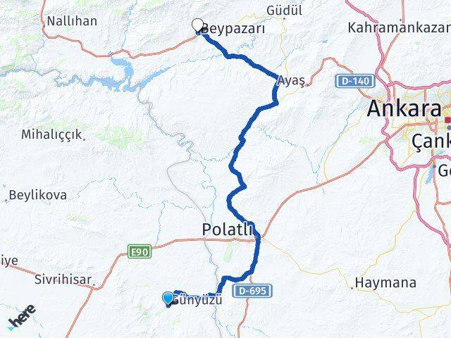 Eskişehir Günyüzü Beypazarı Ankara Arası Kaç Km - Yol Haritası
