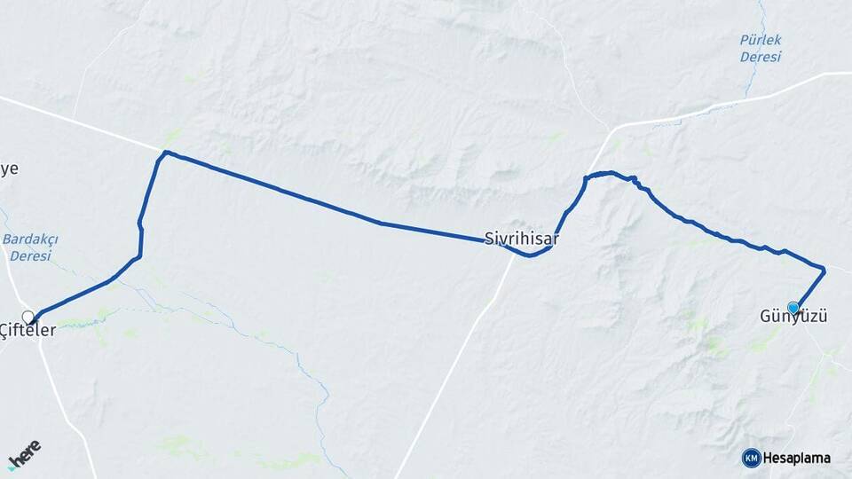 Eskişehir Günyüzü Çifteler Arası Kaç Km - Yol Haritası