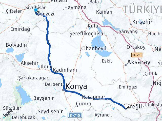 Eskişehir Günyüzü Ereğli Konya Arası Kaç Km - Yol Haritası